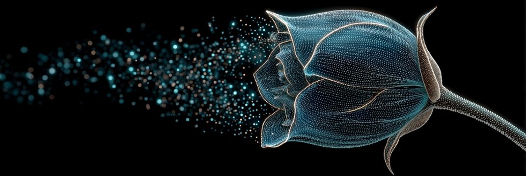 Wireframe dot particle tech rose bloom with trailing cyan glowing data particle stream, clean black minimal canvas, romantic electronic decor for ballad playlists, wedding audio streaming presentation