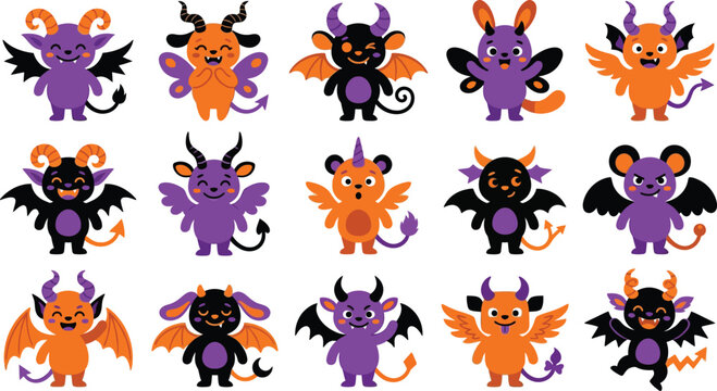 Cute Halloween devils and demons in purple orange and black cartoon characters