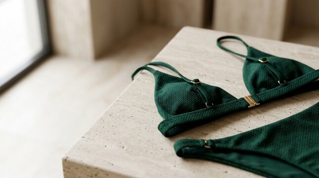 Deep green textured bikini set on light surface with natural light