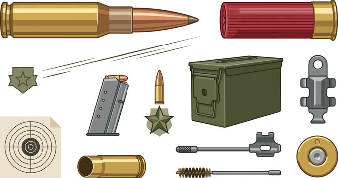 Military Ammunition and Shooting Range Equipment Vector Set Featuring Bullets Shotgun Shell Ammo Box and Paper Target
