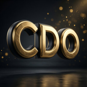 Luxury Gold and Black CDO Typography Floating 3D Metallic Text with Cinematic Lighting Premium Geometric Lettering on Dark Studio Background Hyper Realistic Render