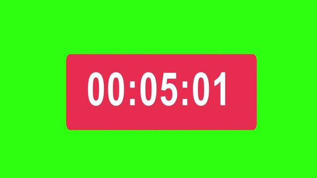 Digital stopwatch timer counting up from zero to one hour on a red background with a green screen chroma key for easy alpha channel transparency and video editing