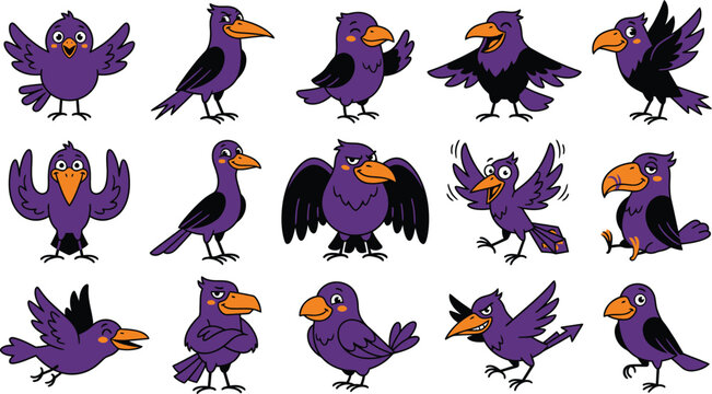 purple cartoon crows in various poses and emotions for Halloween or gothic design