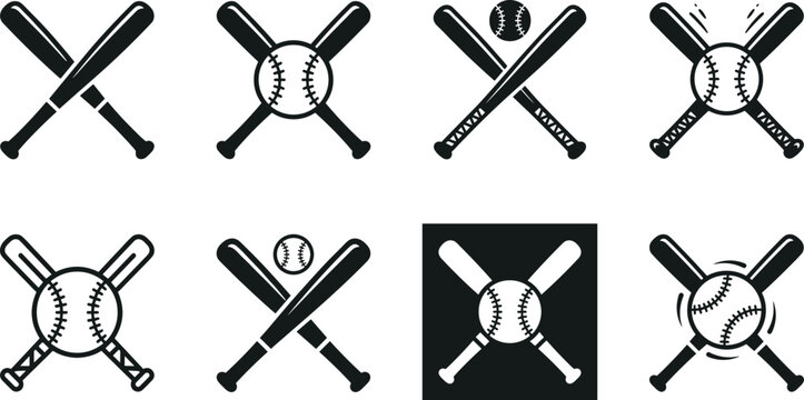 Crossed baseball bats and ball logo emblem set vector illustration with dynamic vintage textures