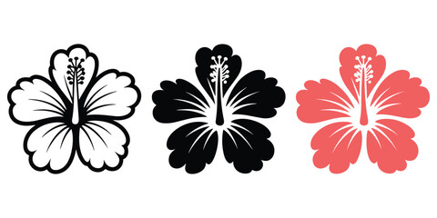Three hibiscus flower icons: outline, silhouette, and coral color, representing nature and beauty © Shamsun