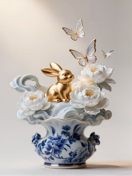 A luxury blue and white porcelain fantasy sculpture of a gold rabbit among white peonies with flowing clouds from a vase featuring butterflies and accents

