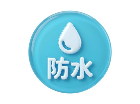 シンプルなフラットデザインが特徴的な、ライトブルー（水色）の円形「防水」アイコン素材。すっきりとしたプレーンな水色の正円の中に、白い「防水」の文字と1滴の白いしずくマークが優しく配置されています。過度な装飾がなくミニマルなスタイルのため、現代的なWEBサイトの機能説明、アプリのUIデザイン、家電製品の取扱説明書、生活雑貨のパッケージや小さな商品ラベルなどに非常に馴染みやすい