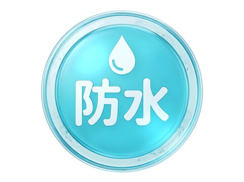 防水・撥水機能をアピールする円形アイコン素材。明るいライトブルーのグラデーションと立体感のあるガラス風のデザインが特徴です。中央に「防水」の白い文字と、その上にシンプルな白い水滴マークが配置されており、視認性が高く爽やかな印象を与えます。電化製品、雨具、アウトドアグッズのパッケージやウェブサイトの機能説明、販促用ラベル・ステッカーとして幅広く活用できるグラフィックデザイン