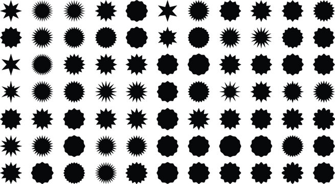 Minimalist black starburst sticker set, collection of 77 geometric sunburst shapes, flat vector burst icons for price tags and labels