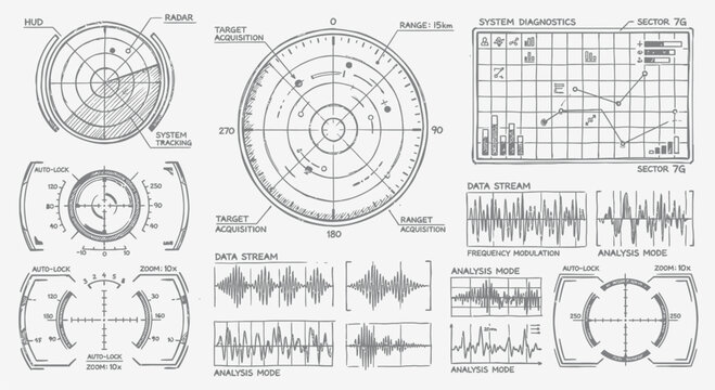 Hand-drawn collection of futuristic HUD elements featuring circular radars, system diagnostics, digital waveforms, and viewfinders in a black and white outline sketch style.