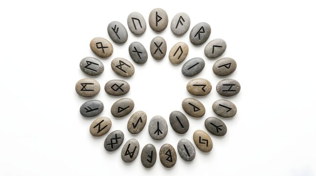 Artfully arranged grey runestones displaying ancient symbols in a clean circular pattern, ideal for spiritual divination concepts.