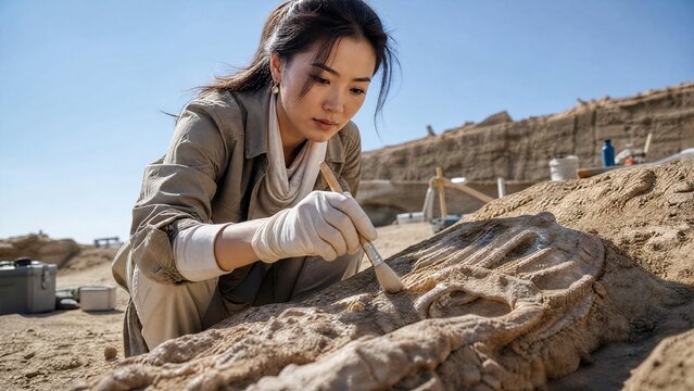Professional Asian Female Archaeologist Carefully Brushing Sand Off Ancient Fossil at Excavation Site in Desert