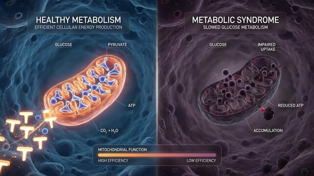 Comparison of healthy metabolism versus metabolic syndrome in human mitochondria cellular energy production.