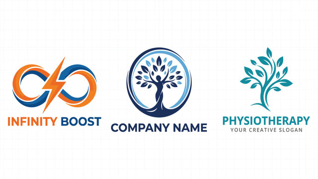 Modern Corporate Business Logo Templates Set Featuring Infinity Boost Energy Flash Tree of Life Wellness and Physiotherapy Clinic Branding Icons
