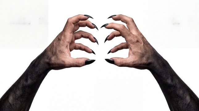 Scary monster hands with sharp black claws reaching forward in a menacing gesture on white background