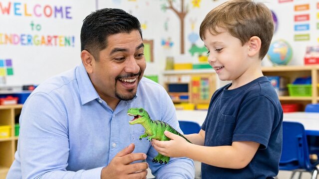 Happy Preschool Teacher and Little Boy Playing with Toy Dinosaur in Kindergarten Classroom