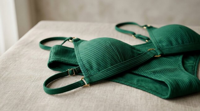 Green ribbed lingerie set laid on textured fabric surface