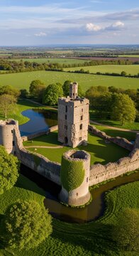 Aerial view of historic castle ruins in lush green countryside.