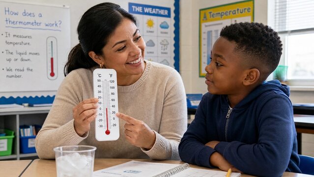 Smiling Female Teacher Explaining Temperature and Thermometer Reading to Young Student in Science Classroom