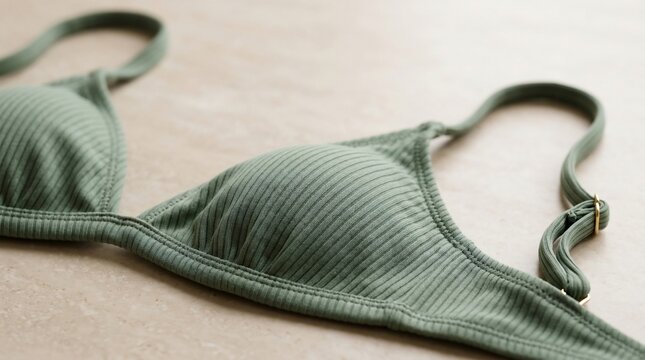 Green ribbed triangle bikini top close up detail on neutral surface