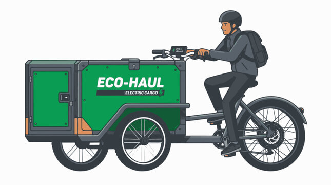 Minimalist Illustrative Cel Shaded EV Cargo Bike Urban Logistics Graphic, "Created with AI assistance and manually refined."
