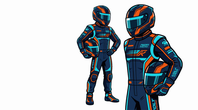 Isolated Formula 1 Racing Driver Character Cyber E Sports Sim Mascot, "Created with AI assistance and manually refined."