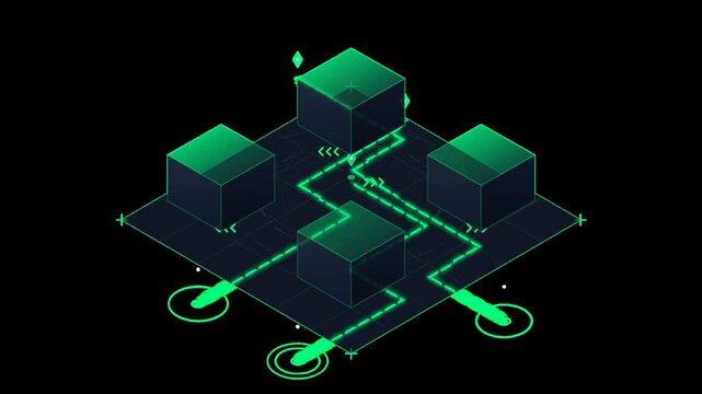 Isometric digital data flow with glowing green network paths