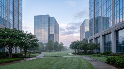 Obraz premium Corporate park with modern glass office buildings in early morning mist 1