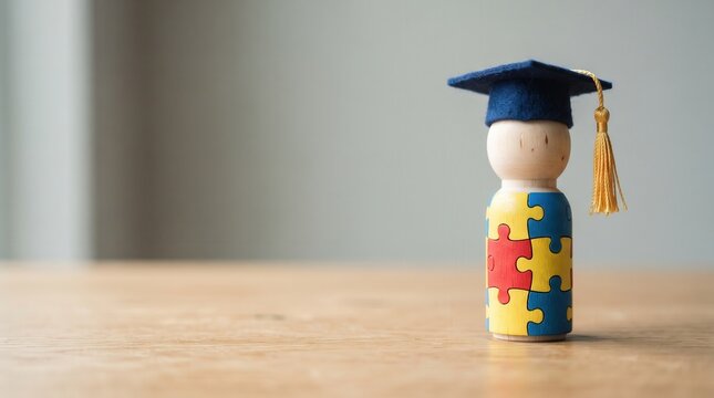 Wooden Peg Figure Wearing Blue Graduation Cap with Puzzle Pattern Body on Table for Neurodiversity Inclusion and Special Education Achievement Success