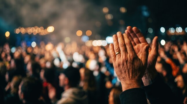 Close Up of Hands Clapping in Large Audience at Night Outdoor Event for Concert Music Festival and Public Celebration Marketing