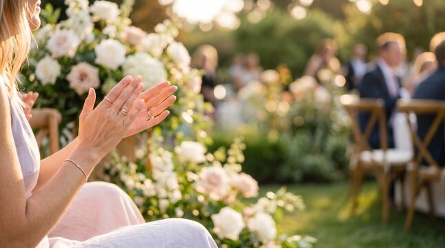 Woman Hands Clapping at Garden Wedding Celebration with White Roses and Blurred Guests for Event Planning and Celebration Marketing
