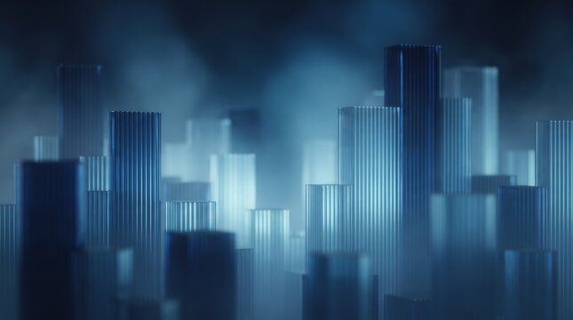 Blue Glass Monoliths in Cinematic Mist with Fluted Texture and Neon Glow. Futuristic 3D Render Background for Technology and Data Science Presentation.