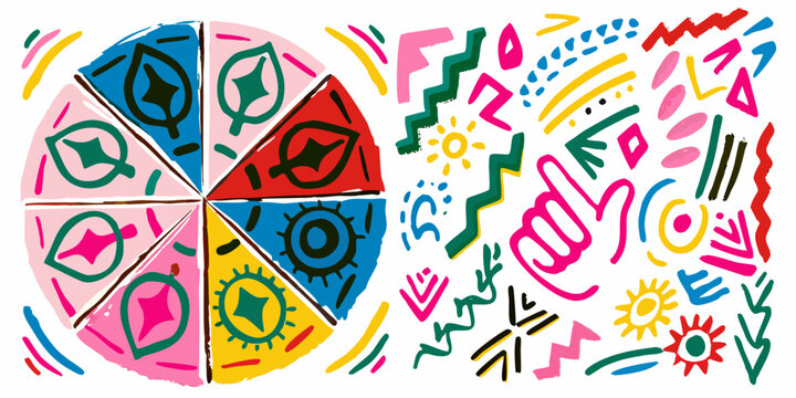 Abstract Pie Chart With Eyes And Geometric Shapes Watercolor Illustration