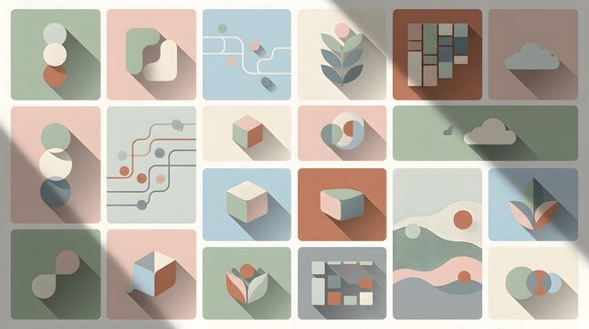 Modern abstract digital interface with grid layout featuring pastel colors and geometric shapes for technology and user experience design