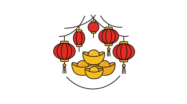 Hanging red lanterns and gold sycee wealth symbols.