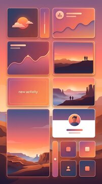 Abstract digital interface featuring sunset colors blue purple orange minimalistic grid dashboard and technology themes