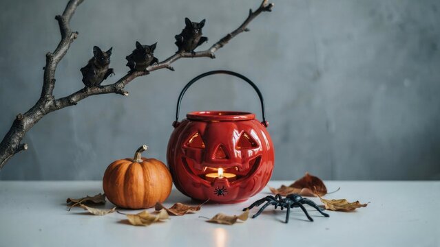 Halloween decorations with jack o lantern pumpkin bats and spider