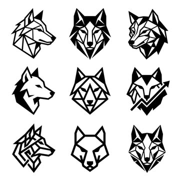 Geometric Wolf Heads in Black and White.