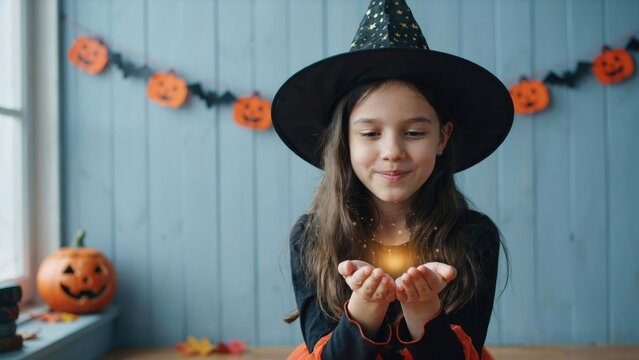 Smiling girl in witch costume holding glowing magic in her hands on halloween