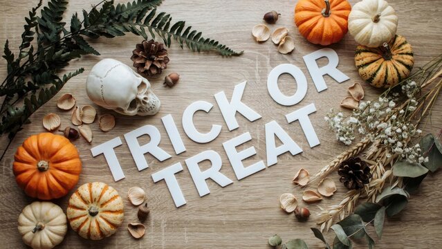 Halloween themed still life with pumpkins skull and foliage on wooden background with trick or treat text