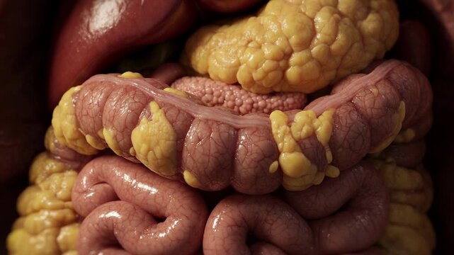 Detailed anatomical view of human internal organs showing intestines and surrounding fatty tissue.