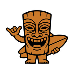 Cheerful cartoon tiki statue character holding surfboard and making shaka hand gesture isolated on white background © Gfx_Parvej