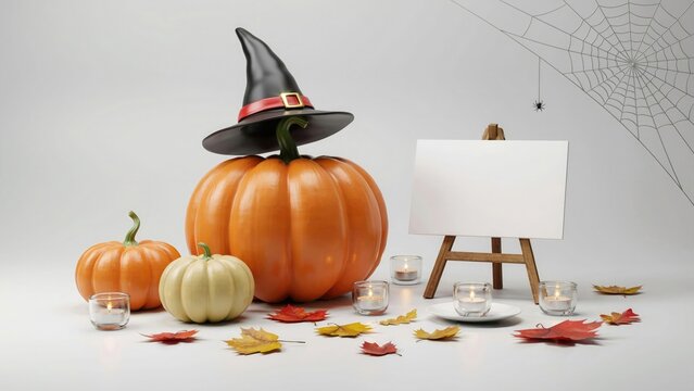 Halloween still life with pumpkins candles and blank canvas on easel