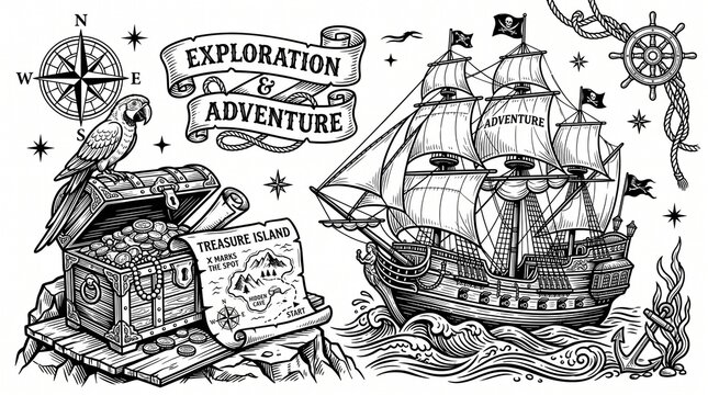 Black‑and‑white pirate illustration featuring ship, treasure chest, parrot, and map symbolizing adventure, exploration, and nautical storytelling design.