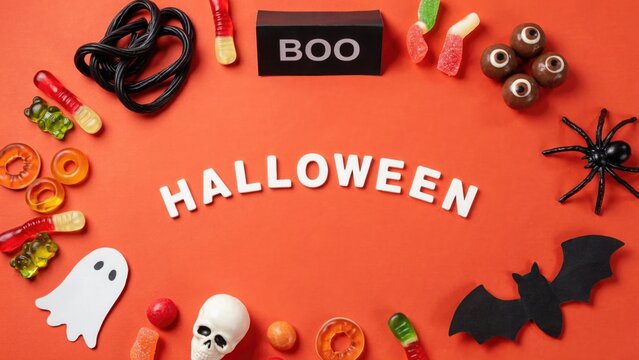 Halloween candy and decorations flat lay