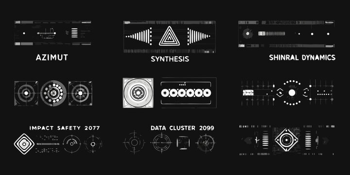 collection of futuristic technology logos badges vector illustration on black background azimut synthesis shinral dynamics impact safety data cluster geometric