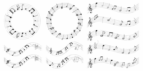 musical notes on curved staffs black and white vector illustration music notation clef quavers semibreves minims graphic design art pattern © Rita