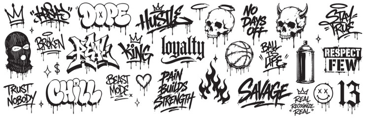 Graffiti street art elements collection with skulls, crowns, spray paint, and urban typography isolated on white background © Zbrake Studio