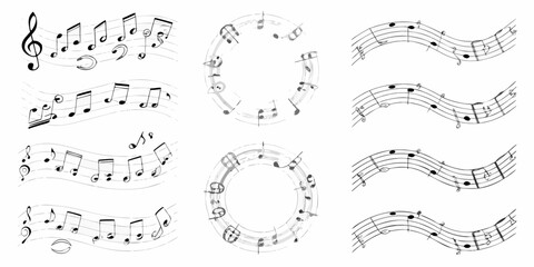 musical notes on staffs in black and white line art music notation clef quavers semibreves minims sketch drawn sheet melody © Rita