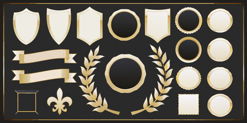 gold and black badge frames vector illustration on dark background ornate emblem fleur de lis laurel wreath ribbon oval shield design graphic © Rita